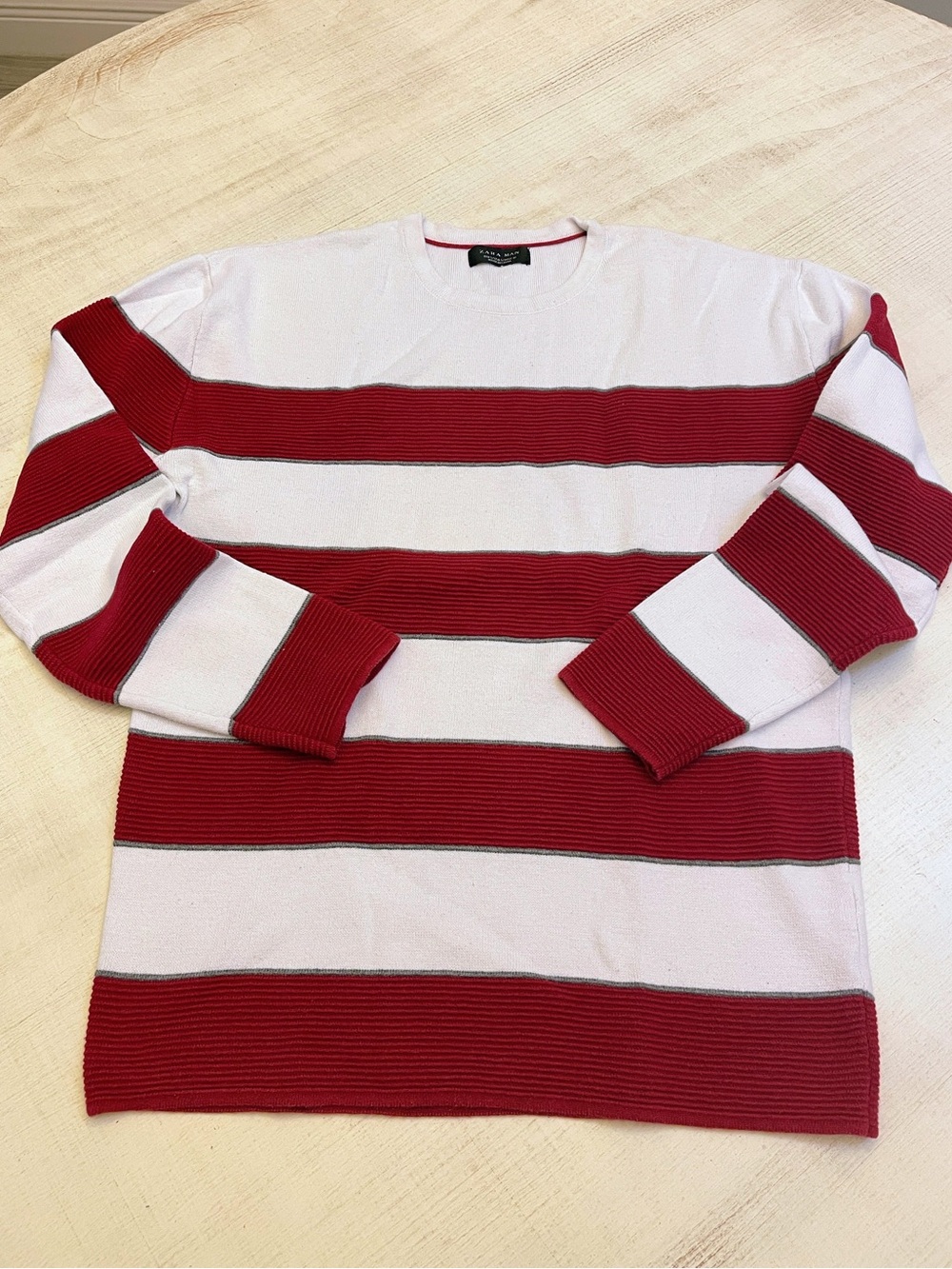 Zara Red and White Striped Crewneck Sweater
